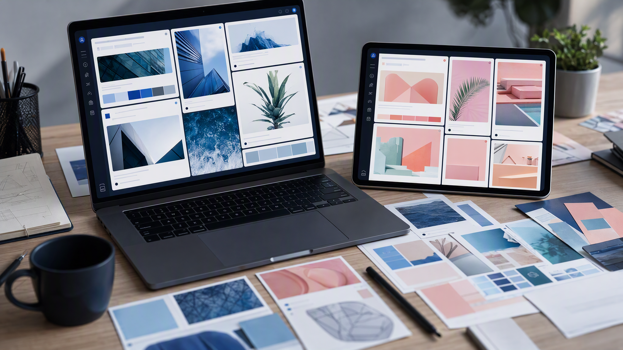 A laptop and tablet showing clashing cool and warm visual moods