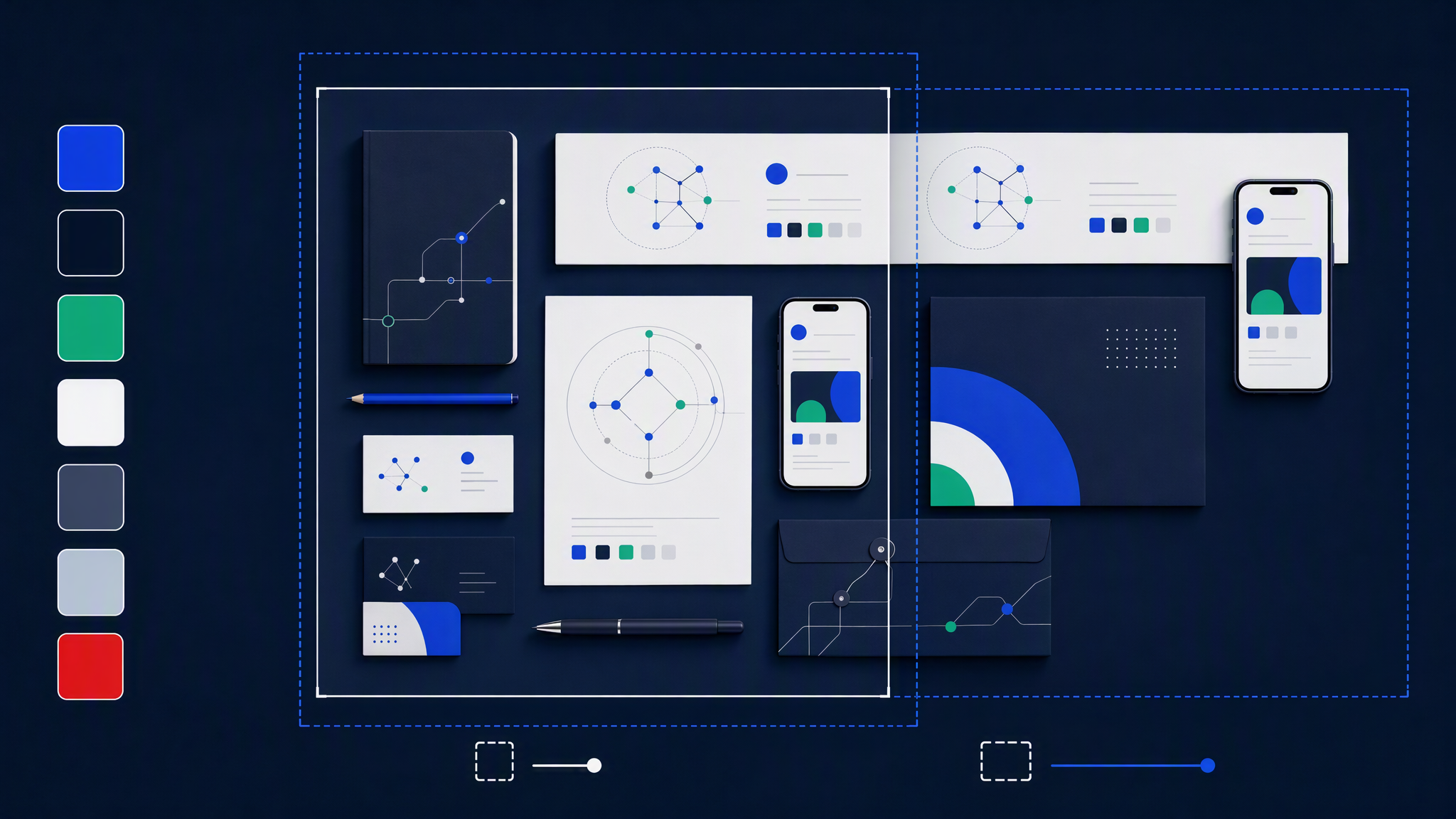 One brand kit applied across stationery, cards, and phone screens